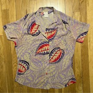 Vintage Womens At Once Floral Leaves Purple Shirt Medium Button Down